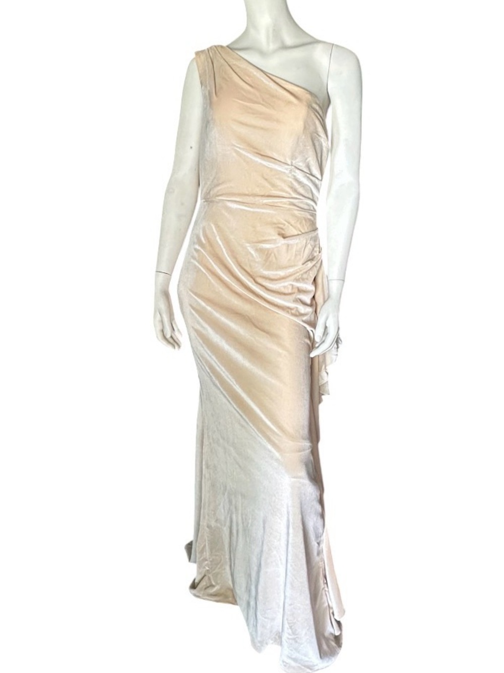 Quanjinr Stretch Velvet One Shoulder Mermaid Formal Gown Cream Size 8 NWT